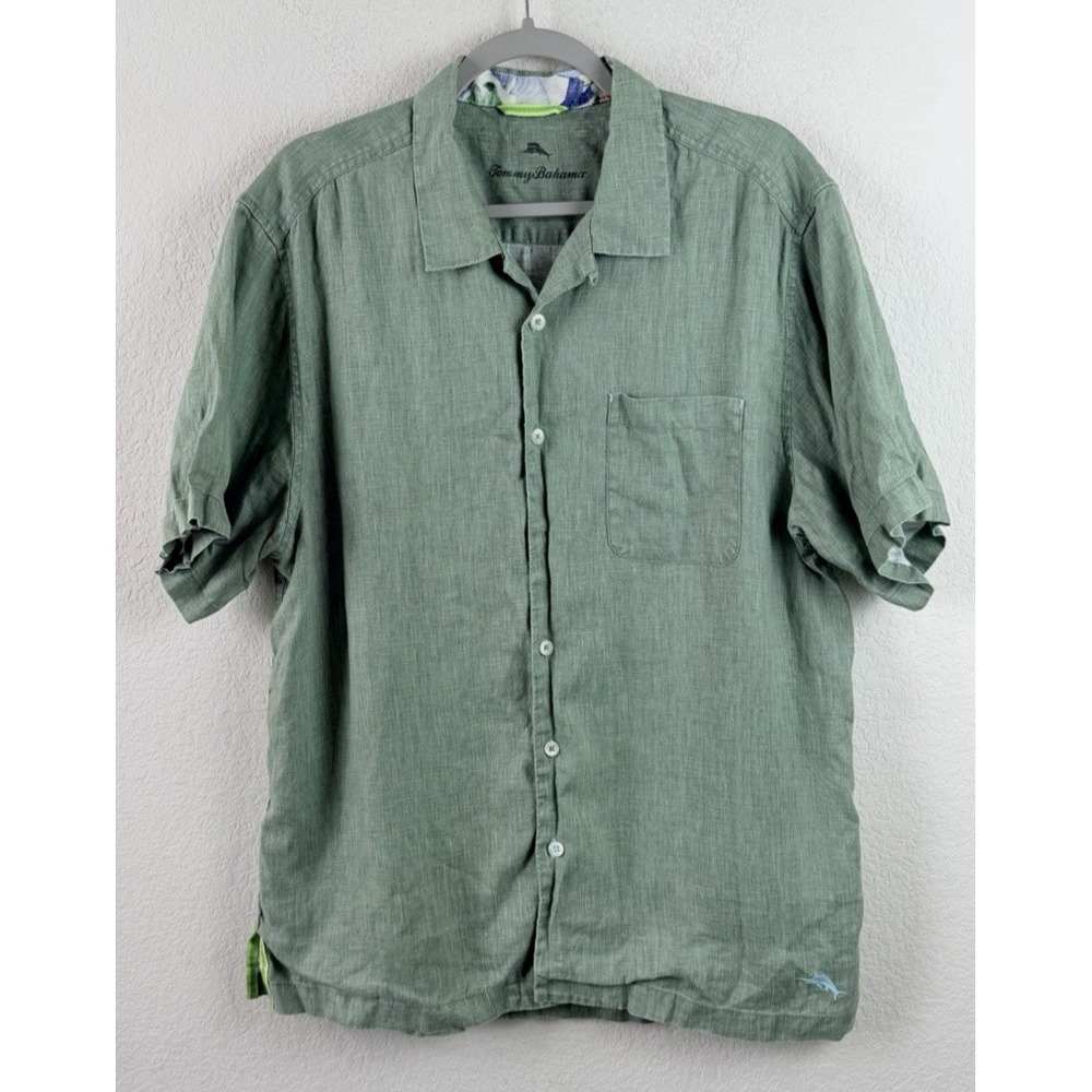 Tommy Bahama 100% Linen Short Sleeve Button Down Shirt Mens L Sage Green Coastal